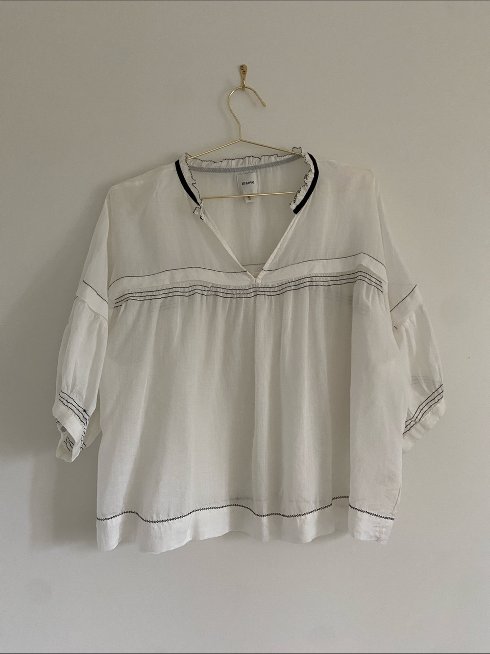Maeve 100% Ramie White Contrast Stitch Peasant Blouse | XL - Picture 2 of 8